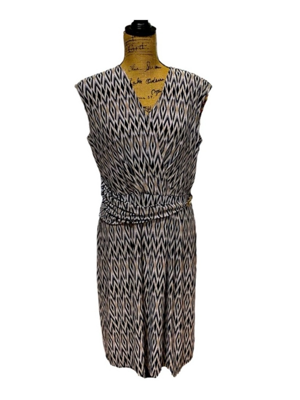 Dress Barn Diamond Print Beige and Navy Blue Dress